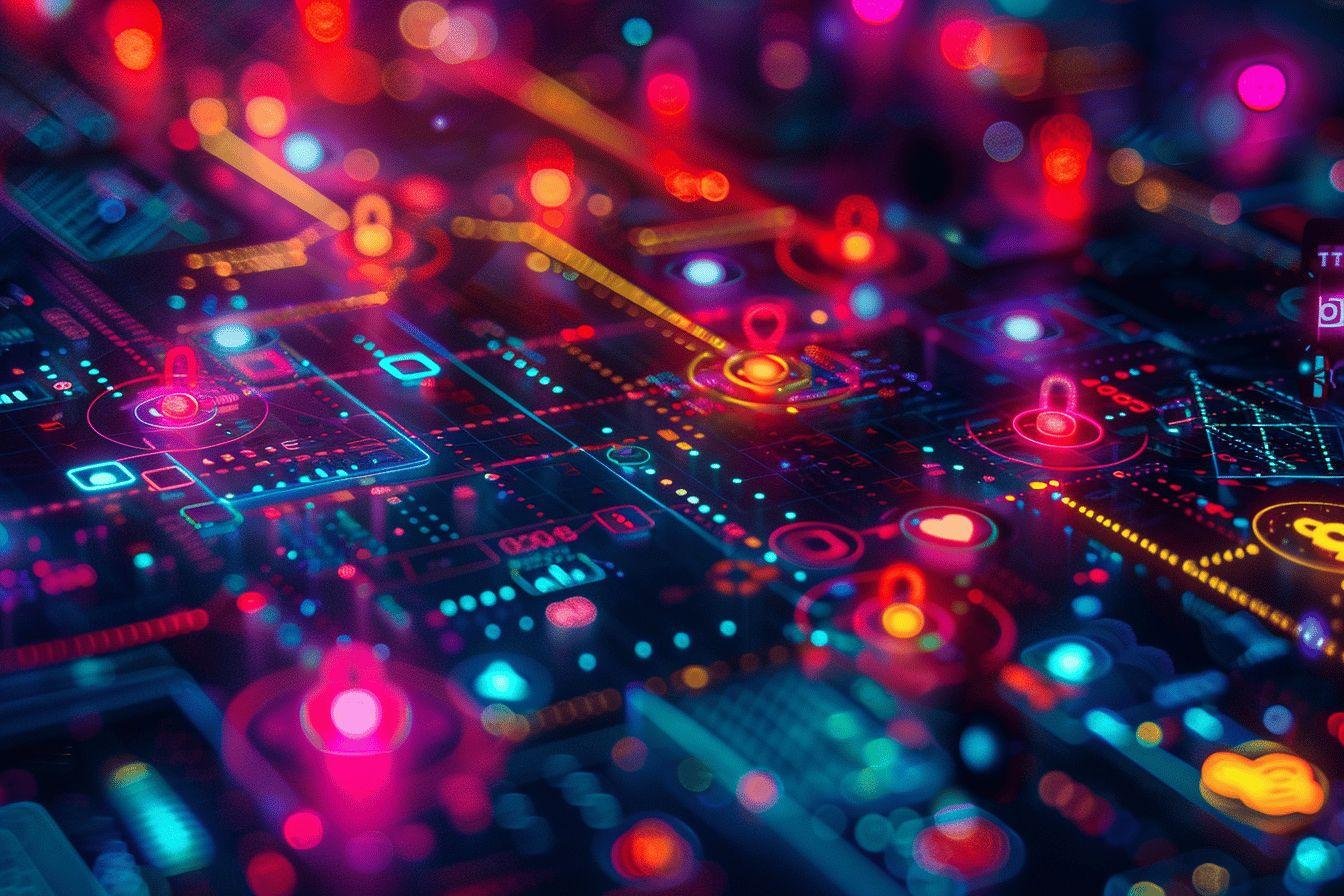 Carte de circuit coloré avec points lumineux néon bleu rouge