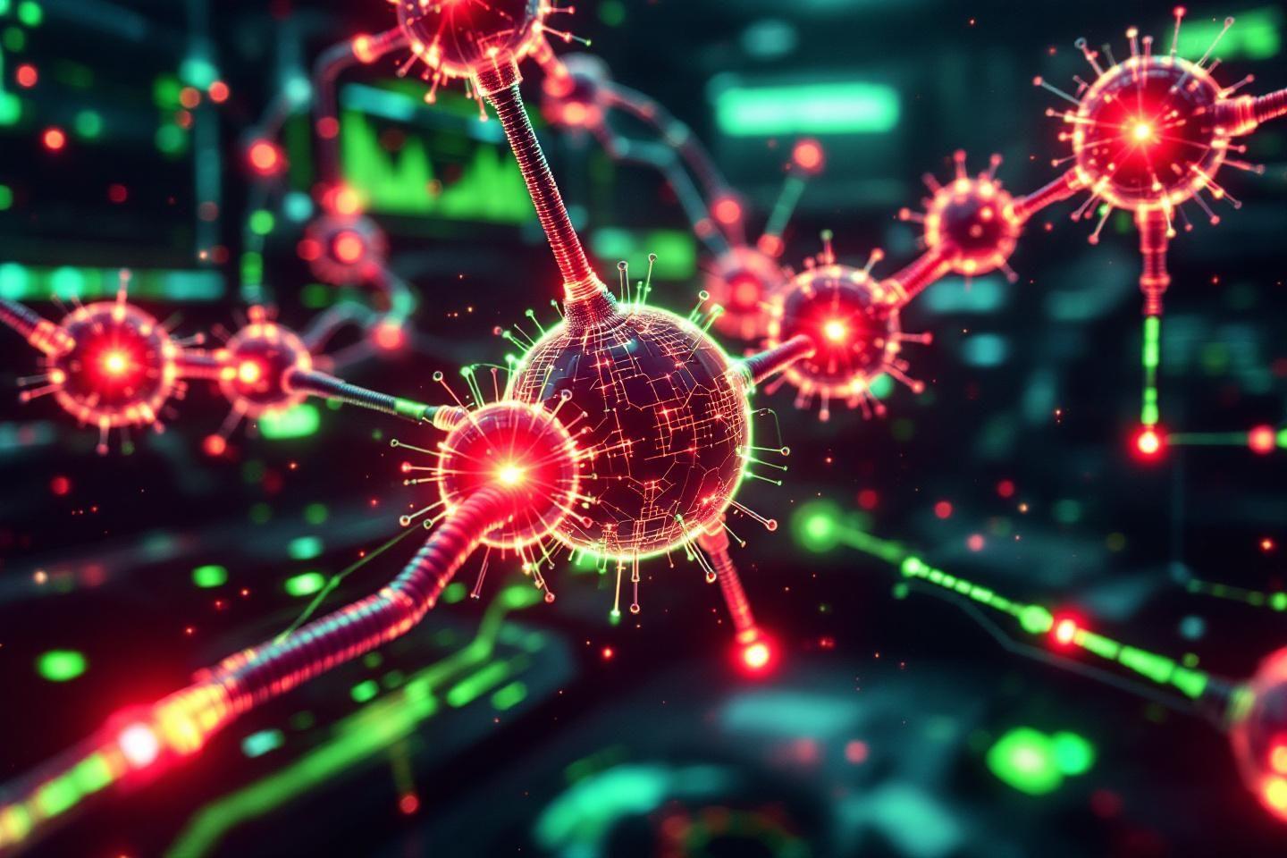 ellules neuronales rouges et vertes connectées dans un espace numérique