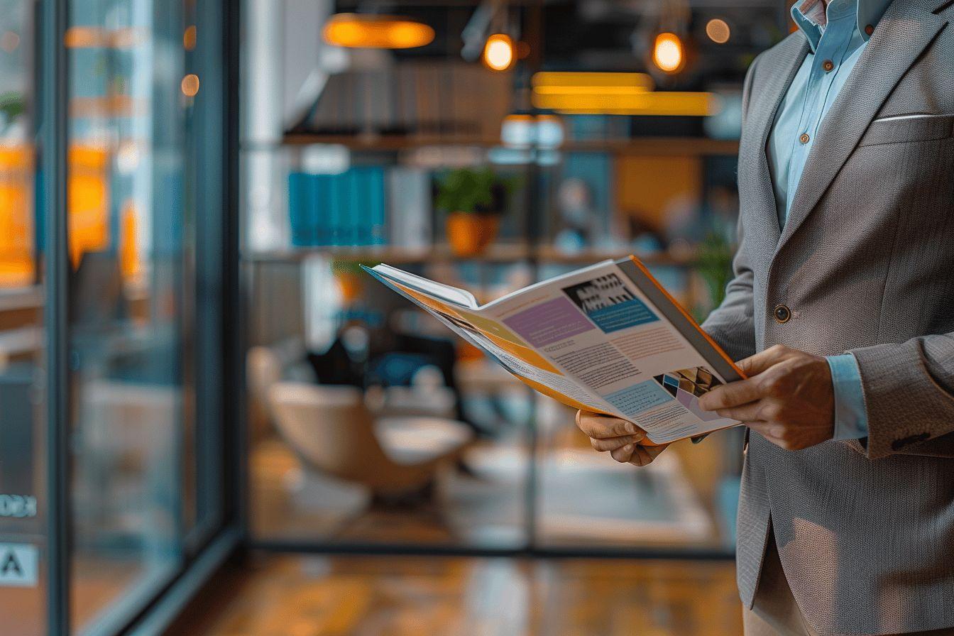 Un homme en costume lisant un magazine dans un bureau lumineux.