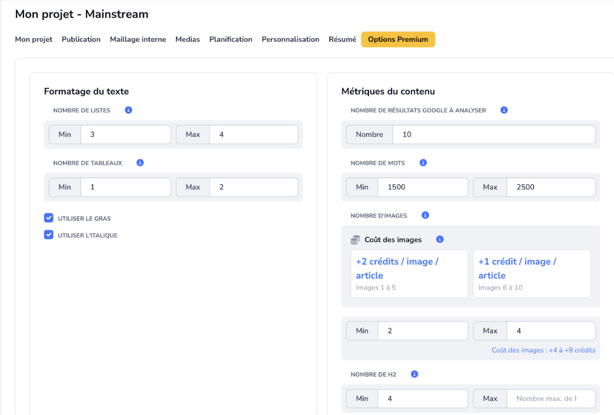 Réglages des options d'articles Skoatch