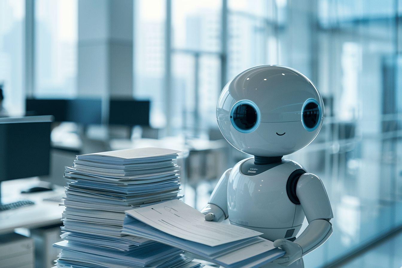 Un robot de bureau mignon et souriant travaille avec des dossiers