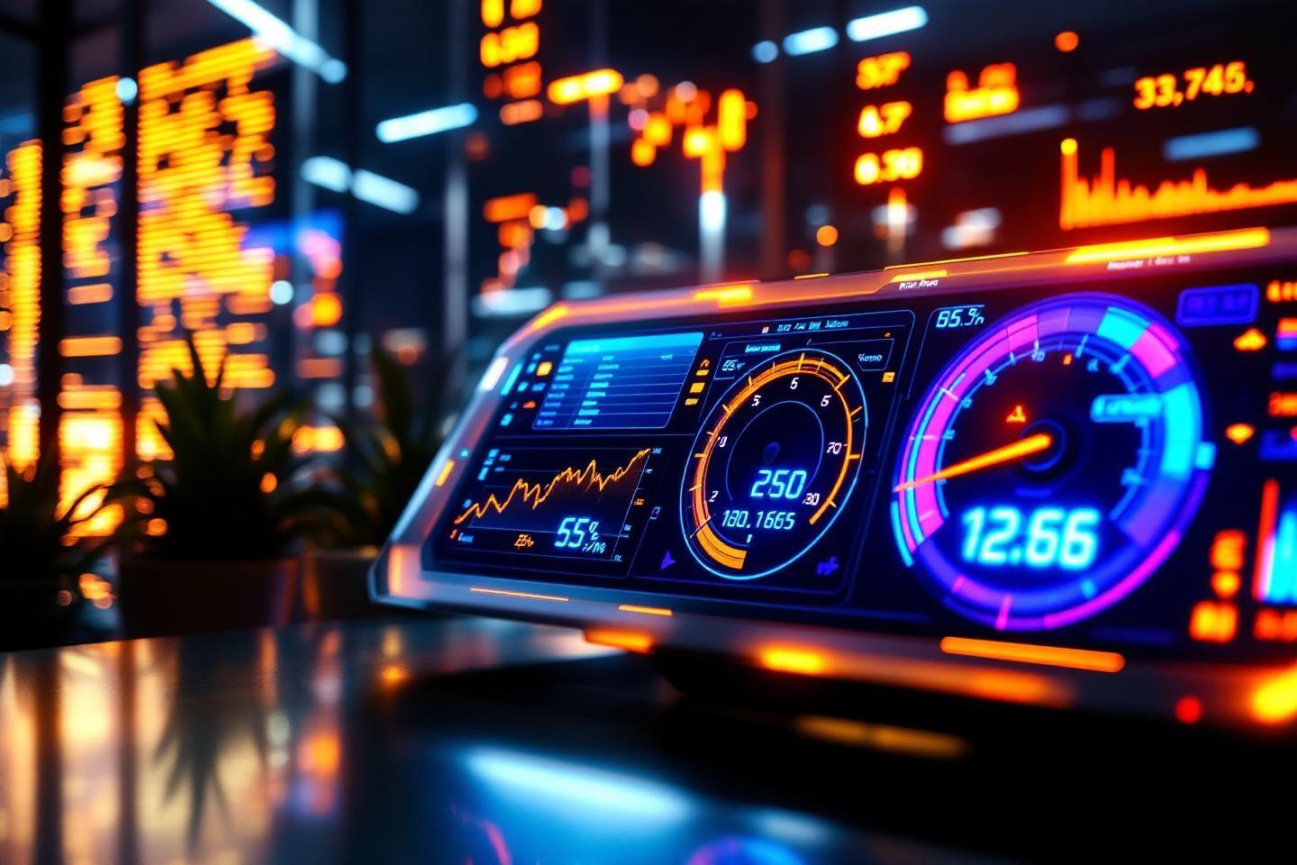 Écran numérique avec graphiques lumineux et instruments de bord