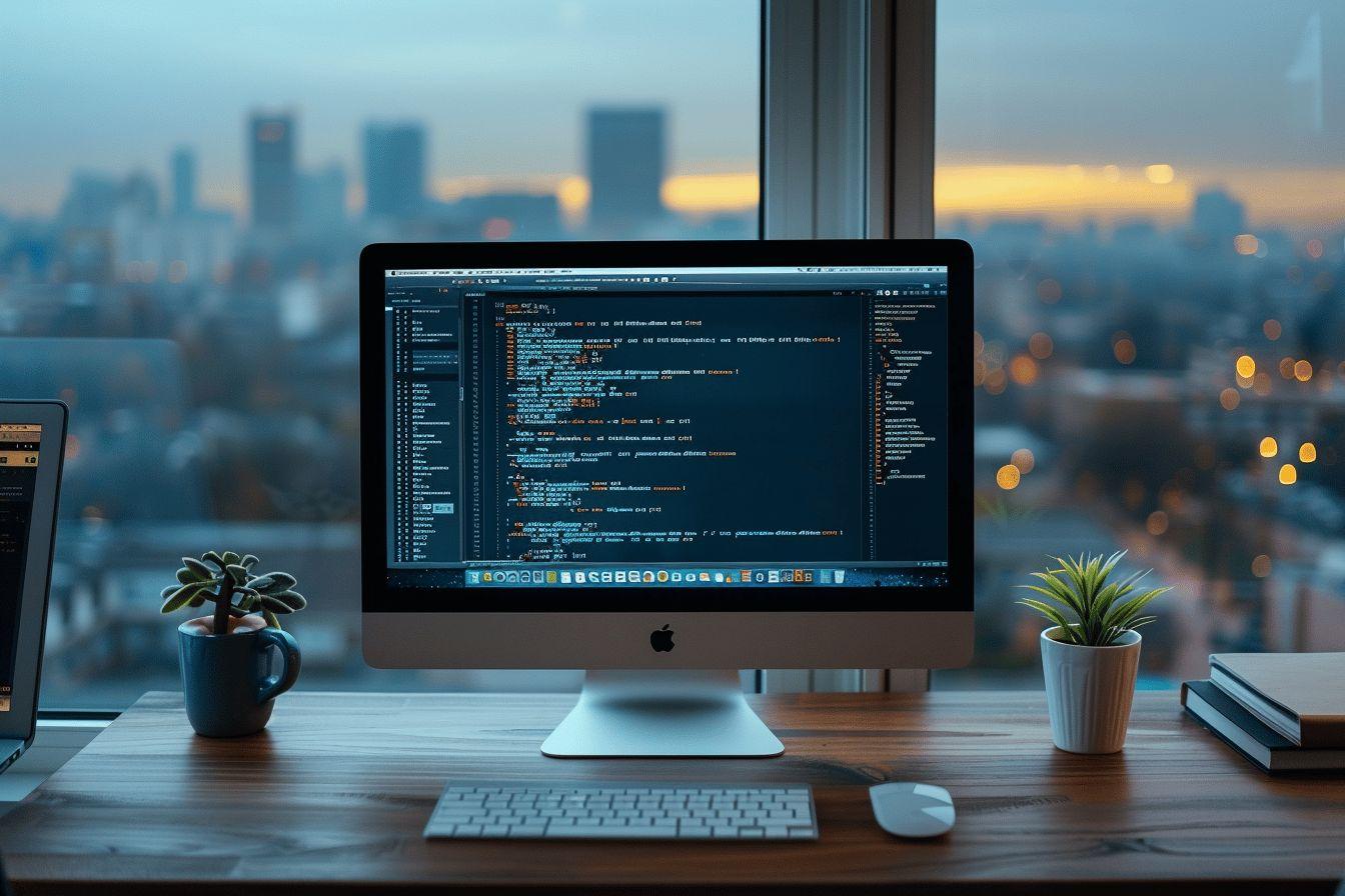 Bureau de travail avec un ordinateur affichant du code, vue sur la ville au coucher du soleil.